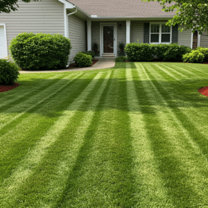 Beautifully mowed residential lawn with defined stripes and trimmed edges, representing weekly lawn mowing services